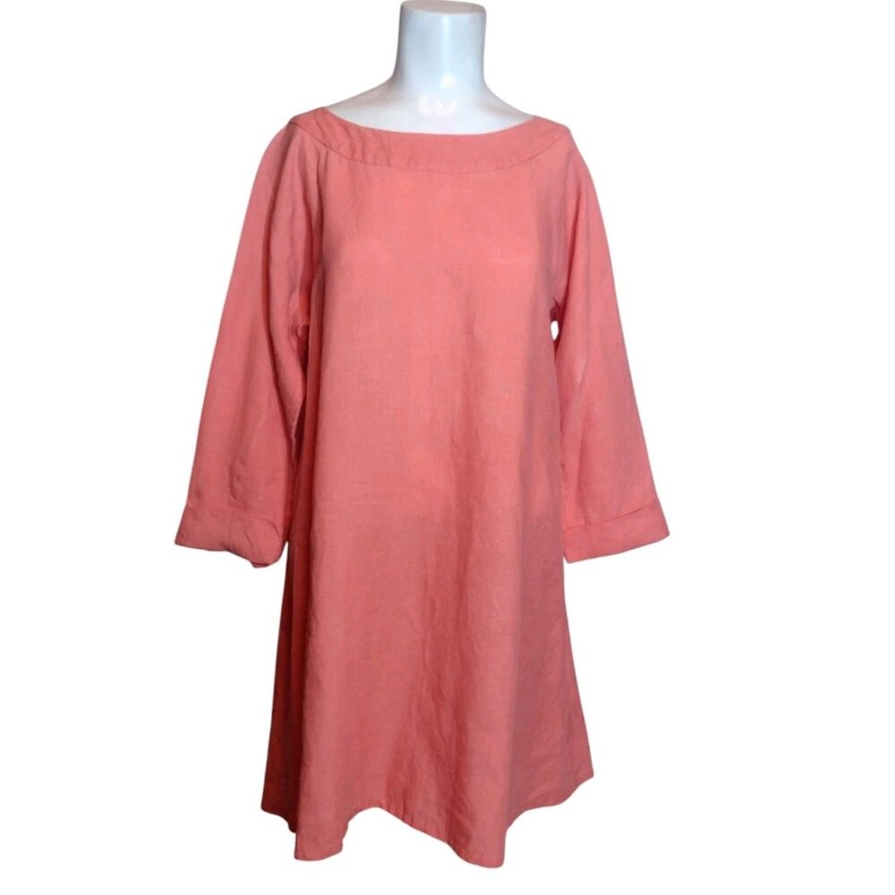 Tyler Boe 100% Linen Mini Shift Dress M Coral Minimalist Lagenlook Beach Travel